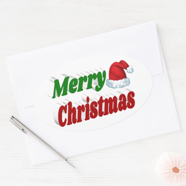 Sticker Ovale Joyeux Noël Santa Hat rouge vert typographie (Enveloppe)
