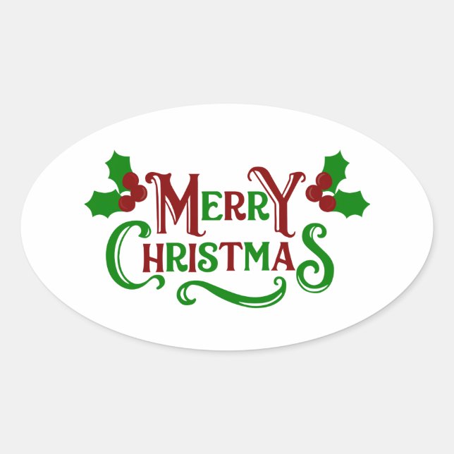 Sticker Ovale Joyeux Noël vert et rouge Holly Graphisme (Devant)