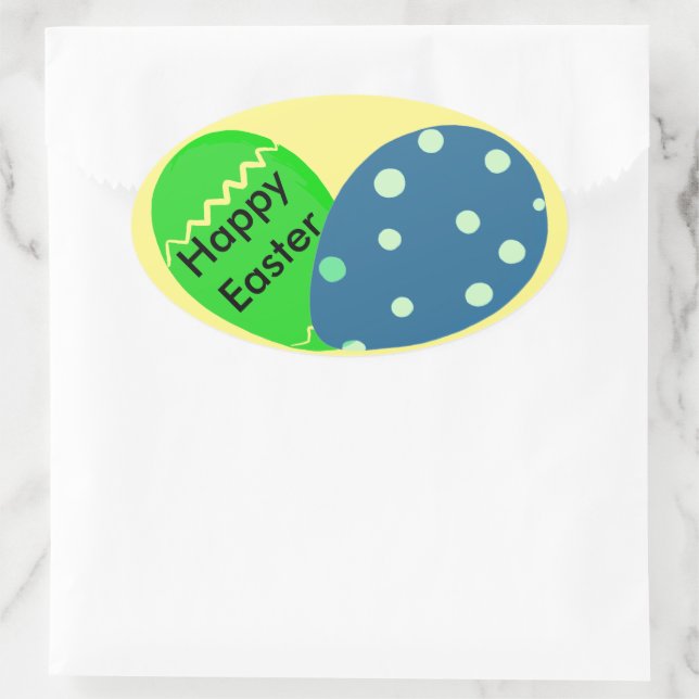 Sticker Ovale Joyeux Oeufs de Pâques Bleus Vert Pâques (Sac)