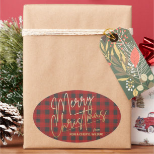 Sticker Ovale Joyeux or Noël Rouge Buffle Plaid