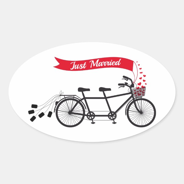 Sticker Ovale Juste marié, mariage tandem vélo (Devant)