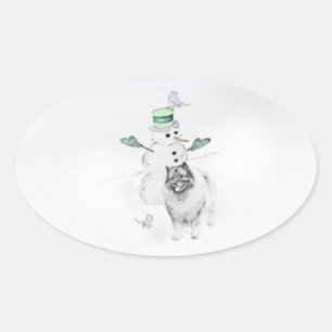 Sticker Ovale Keeshond Noël Snowman Peinture Chien Art