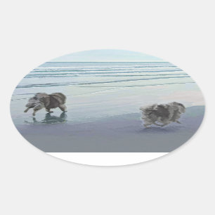 Sticker Ovale Keeshonds at the Seashore Peinture Dog Art