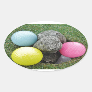 Sticker Ovale Lapin avec oeuf jaune rose