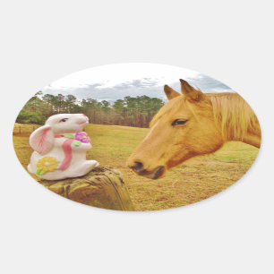 Sticker Ovale Lapin blanc et Cheval jaune