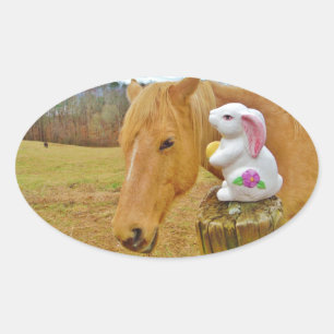 Sticker Ovale Lapin blanc et cheval jaune blond