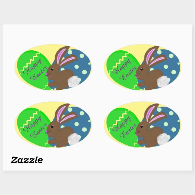 Sticker Ovale Lapin de Pâques Bleu Vert Oeufs de Pâques (Feuille)
