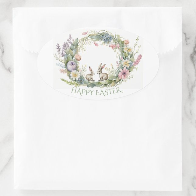 Sticker Ovale Lapins De Pâques Dans Une Couronne Florale (Sac)
