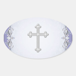 Sticker Ovale L'enveloppe croisée pourpre de fleur de damassé