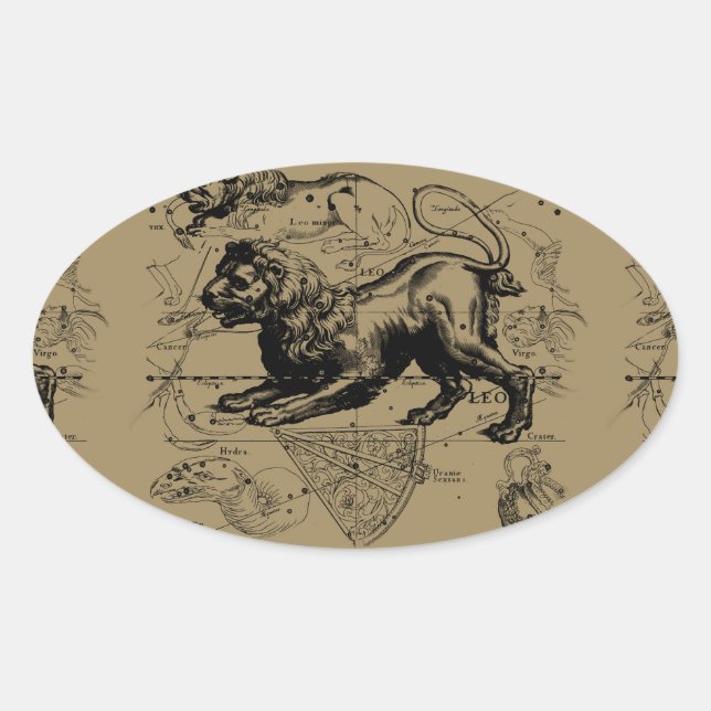 Sticker Ovale Leo Constellation Carte Hevelius vers 1690 (Devant)