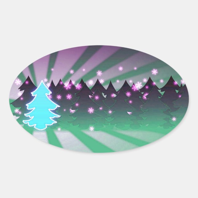 Sticker Ovale Les arbres de Noël dans les tons verts (Devant)