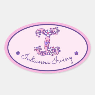 Sticker Ovale Lettre I monogramme personnalisé filles nom rose a