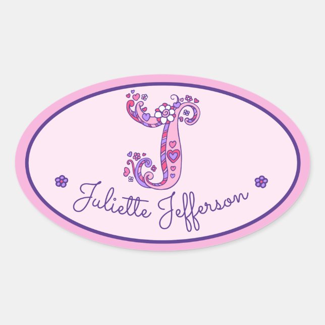 Sticker Ovale Lettre J monogramme personnalisé filles nom rose a (Devant)