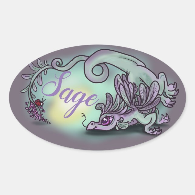 Sticker Ovale lil dragon herbe jardin Sage (Devant)