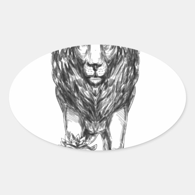 Sticker Ovale Lion gardant le tatouage d'agneau (Devant)