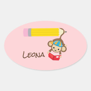 Sticker Ovale Livre de lecture accrochant de singe avec le nom