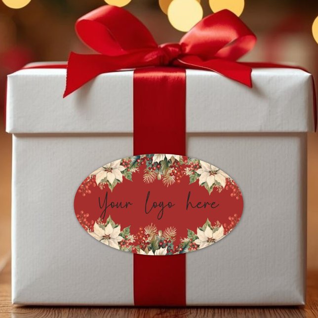 Sticker Ovale Logo de Noël de Poinsettias (Poinsettias Christmas Logo Oval Sticker)