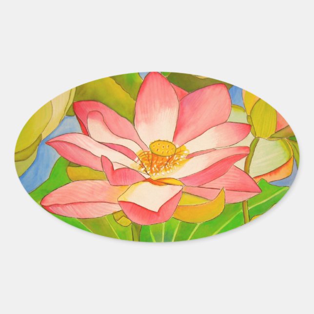 Sticker Ovale Lotus rose nénuphar aquarelle peinture (Devant)