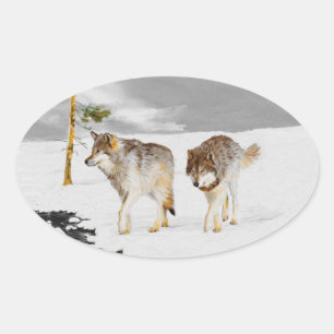 Sticker Ovale Loups en peinture sur neige - Art original de la f