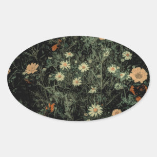 Sticker Ovale marguerite blanche bohème fleur sauvage noir flora