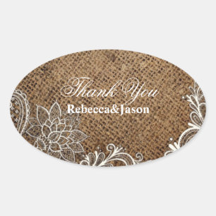 Sticker Ovale mariage campagnard en dentelle de burlap rustique 