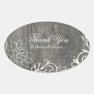 Sticker Ovale mariage campagnard en dentelle fleuri merci