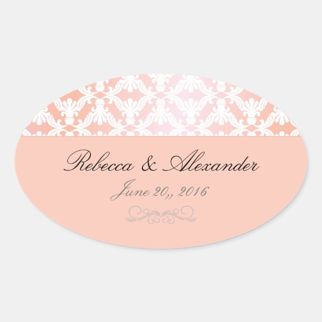 Sticker Ovale Mariage damassé rose et corail (Devant)