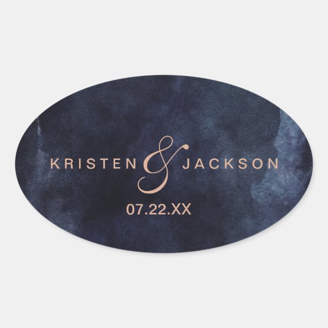 Sticker Ovale Mariage d'aquarelle bleu marine et Rose d'or (Devant)