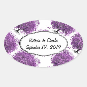 Sticker Ovale Mariage de feuille de coeur pourpre de forêt