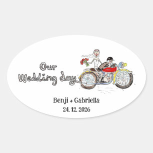 Sticker Ovale Mariage de jeunes mariés à moto