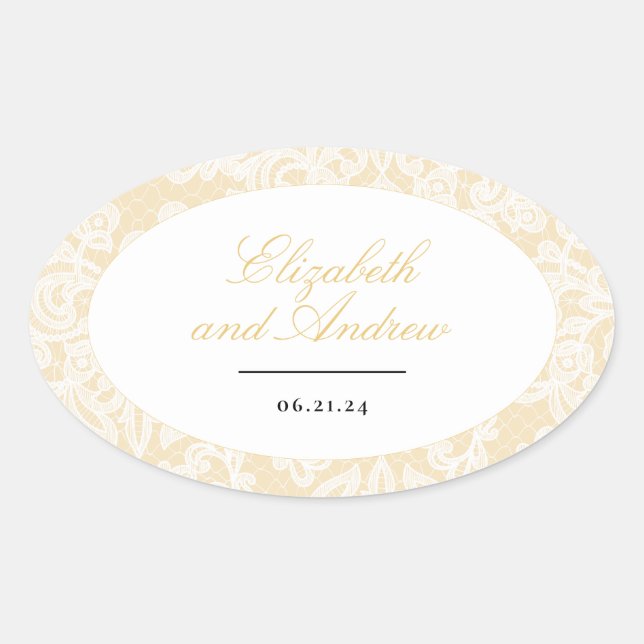 Sticker Ovale Mariage de script élégant en dentelle noire et or (Devant)