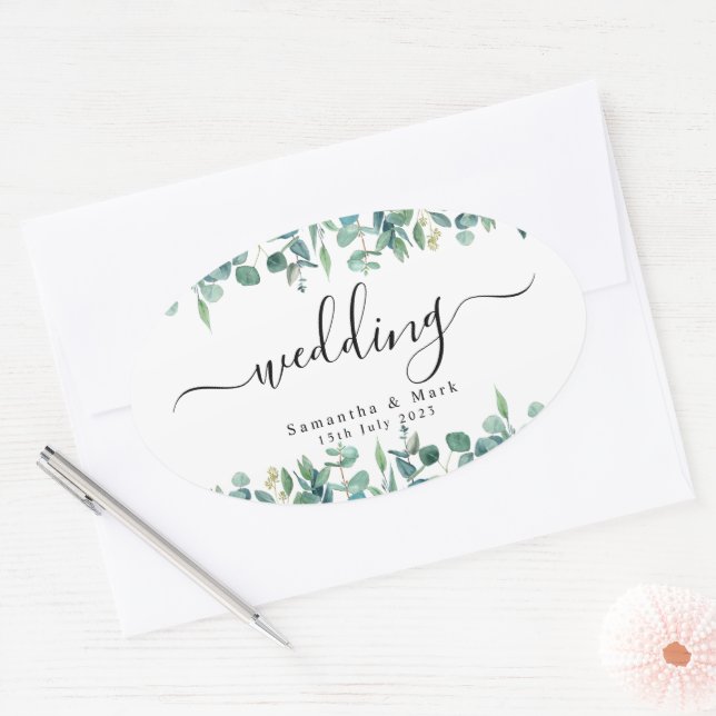Sticker Ovale Mariage d'Eucalyptus moderne simple (Enveloppe)
