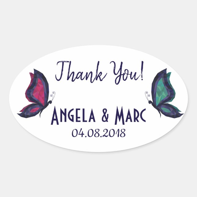 Sticker Ovale Mariage du couple papillon merci nom date (Devant)