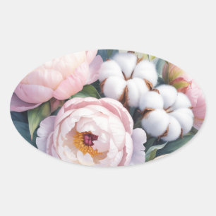 Sticker Ovale Mariage en rose poudré et coton blanc