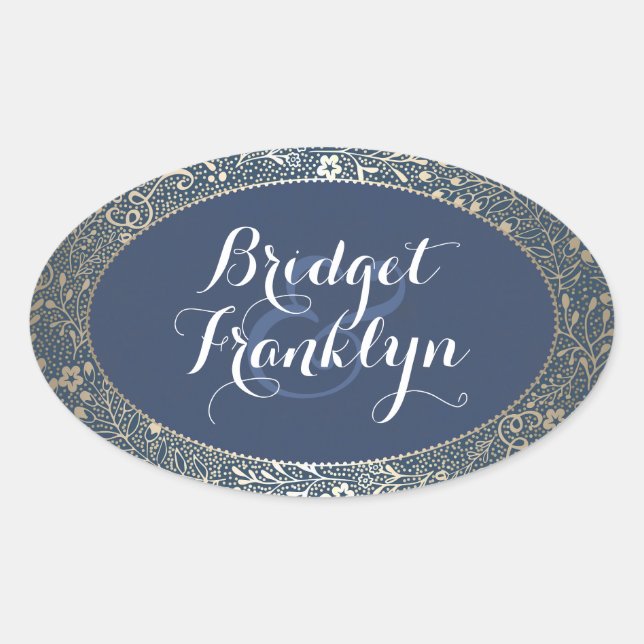 Sticker Ovale Mariage floral or de la marine (Devant)