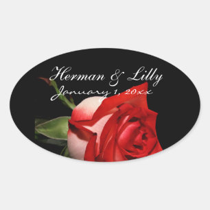 Sticker Ovale Mariage personnalisé de rose rouge et blanc