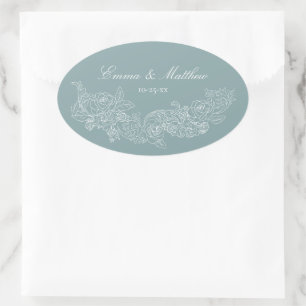 Sticker Ovale Mariage Régence Bleu Poussiéreux Ornement Classiqu