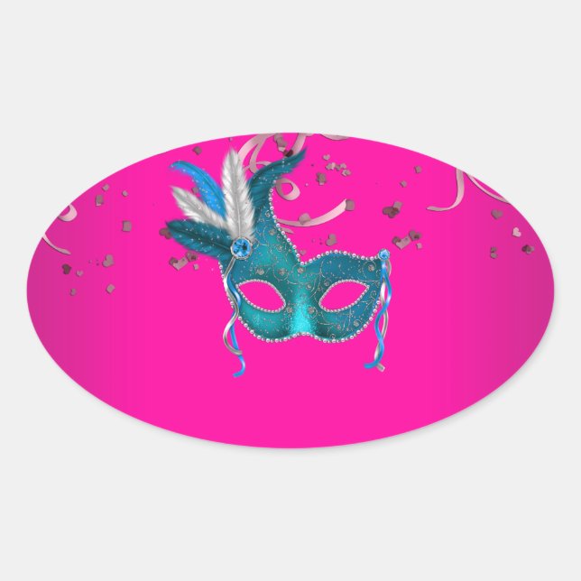 Sticker Ovale Mascarade rose chaud et bleu Turquoise (Devant)