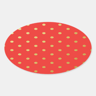 Sticker Ovale Métallique rouge de pois d'or de Faux