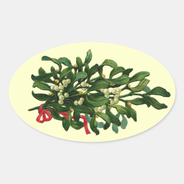 STICKER OVALE MISTLETOIRES DE NOËL AVEC RIBBON ROUGE (Devant)