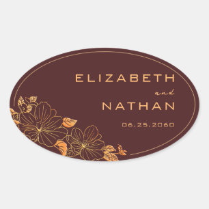 Sticker Ovale Moderne Retro Bourgogne & Mariage Floral Or