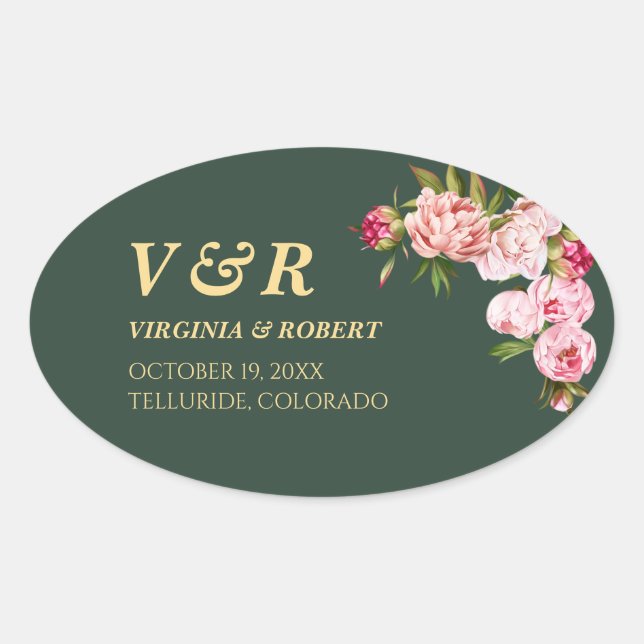 Sticker Ovale Monogramme bleu moderne Mariage vert foncé (Devant)