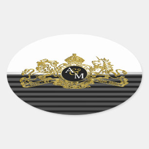 Sticker Ovale Monogramme de l'Emblème de Lion blanc d'or noir