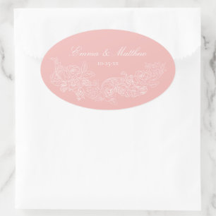 Sticker Ovale Monogramme de mariage rose blush ornement classiqu