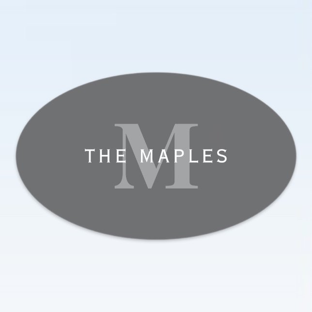 Sticker Ovale Monogramme et nom gris foncé moderne (Créateur téléchargé)