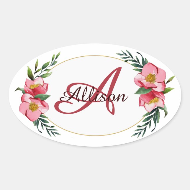 Sticker Ovale monogramme floral personnalisé (Devant)