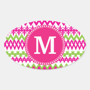 Sticker Ovale Monogramme personnalisé Motif tribal Pink Chevron