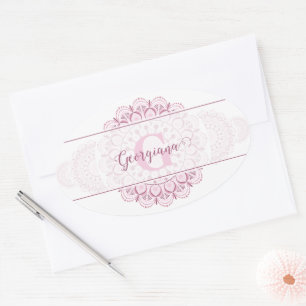 Sticker Ovale Monogramme Pink Confetti dentelle ornementale Mand