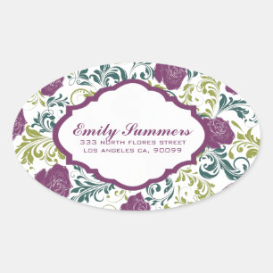 Sticker Ovale Monogramme Rose de style rétro violet et blanc