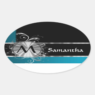 Sticker Ovale monogramme turquoise noir et argent personnalisé
